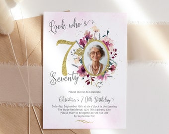 Floral 70th Birthday Invitation Card, Watercolor Flower Seventieth Birthday Party Invite with PHOTO, Spring Celebration, Gold Burgundy Card