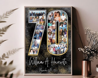70th Birthday Photo Collage, Personalized Birthday Gift for Him Dad, Number Collage, Family Birthday Gift, Gold Silver Black, DIGITAL FILE