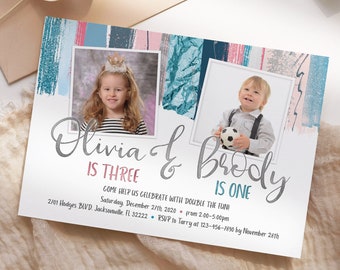 Joint Birthday Photo Invitation, Kids Birthday Invitation, Double Birthday Invitation, Siblings Birthday Invite, Brother Sister Invitation