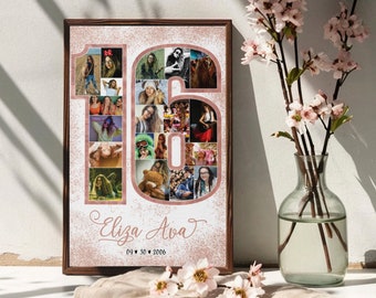 16th Birthday Sign, 16th Birthday Photo Collage, Sweet Sixteen Birthday Poster, Rose Gold Photo Sign, Any Age - DIGITAL FILE!