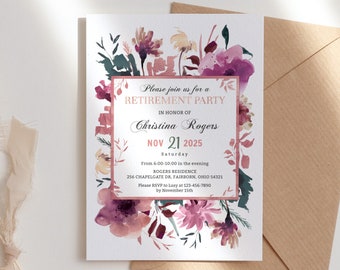 Elegant Retirement Party Invitation, Beautiful Floral Retirement Celebration Invite, Farewell invitation, Rose gold Burgundy, 5x7, Digital