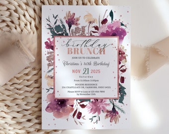 Rose Gold Floral Birthday Invitation, Birthday brunch Casual Invite, Elegant invitation for birthday lunch, Rose gold Burgundy, 5x7, Digital
