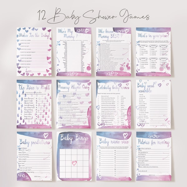 Blue Purple Baby Shower Games, Gender Reveal Games Package, 12 Printable Games, Watercolor, INSTANT DOWNLOAD