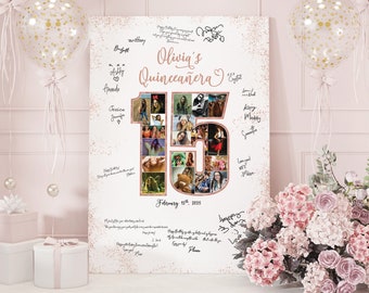 Quinceanera guest book alternative, 15th birthday photo collage, Welcome sign in board, Party centerpiece, Rose gold decoration DIGITAL FILE