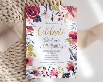 70th Birthday Celebration Invitation for Women with PHOTOS, Boho Chic Party Invite, Hand Painted Watercolor Burgundy Floral Invite, Digital