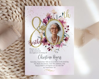 80th Birthday Invitation with photo, 80 Year Old Invite with Picture, Eightieth Celebration Invite for her, Floral Burgundy Gold Invite