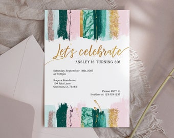 Modern GLAM Birthday Party Invitation, 30th 40th 50th 60th Birthday Trendy Invitation, Teal Blush Pink Watercolor Glitter, Editable template