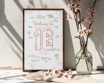 Sweet 16 sign in board, Guest book alternative, Rose gold signature sign, Welcome poster, 16th birthday party decoration, Editable, DIGITAL