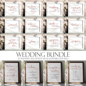 May include: A set of 42 printable wedding reception signs in a white frame with a rose gold script font. The signs include phrases like "Trust me you can dance", "Welcome", "Wishing well", "Reserved", "Selfie station", "Shuttle service", "Thank you", "Please find your seat", "Please take one", "Popcorn bar", "Programs", "To have and to hold", "The bar", "Snapchat geofilter", and "Order of events".