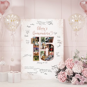Alternativa al libro de visitas de quinceañera, collage de fotos para el 15.º cumpleaños, tablero de bienvenida, centro de mesa para fiesta, decoración en oro rosa (ARCHIVO DIGITAL)
