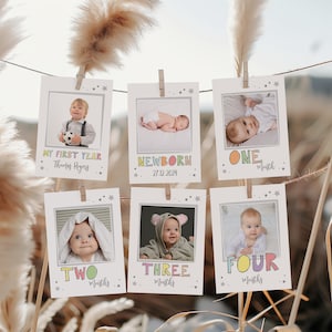 Bannière photo premier anniversaire, cartes-photos d'étape mensuelle, collage de photos pour le 1er anniversaire, multicolore pastel, 5 x 7 4 x 6 bébé garçon ou fille numérique