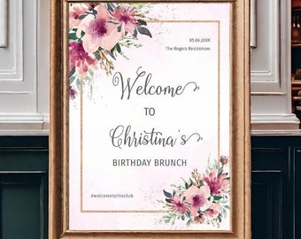 Birthday party Welcome sign for women, Welcome Board ROSE Gold Blush Pink Burgundy Watercolor Flowers, Editable template 24x36, 18x24, 20x30