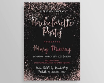 BACHELORETTE PARTY Invitation, Hen’s Night Invite, Purple Blue Rose Gold Black Hen Invitation, Glitter Confetti Girls Night Out, Glam Invite