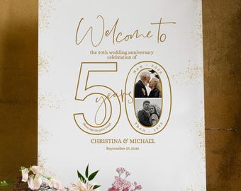 Wedding Anniversary sign in board, 50 Years Celebration Welcome sign with then and now photos, Guest book alternative, Gold Milestone decor
