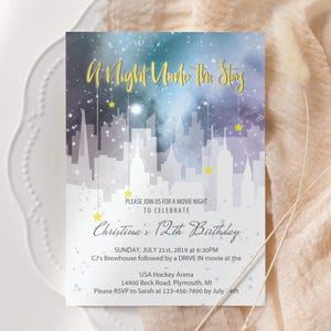 Night under the stars Invitation, Periwinkle Birthday Party Invite, Starry Night City Lights, Back side with Details, EDITABLE PDF TEMPLATE