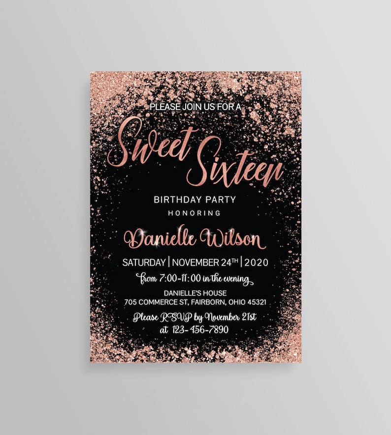 Sweet 16 Invitation Rose Gold Black Birthday Invitation for - Etsy