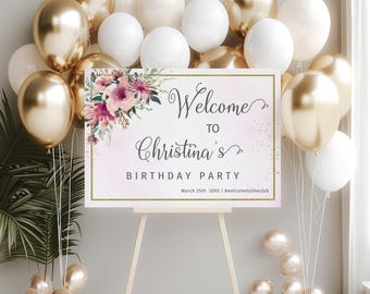 Welcome sign Horizontal, Welcome to birthday party sign floral, GOLD pastel pink burgundy flowers, Editable Template, 24x36, 18x24, 20x30