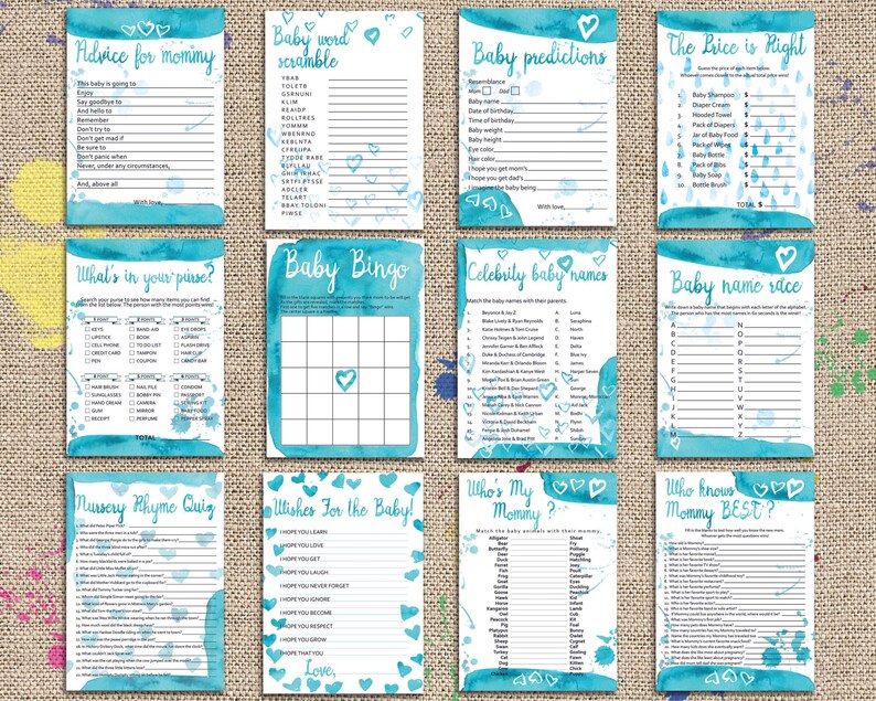 Baby Shower Games Package 12 Printable Games Blue Watercolor Etsy