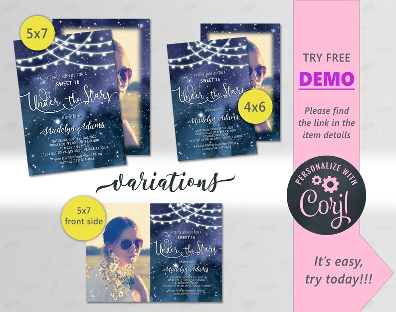 Sweet 16 Under the Stars Invitation String Lights Navy Blue Etsy