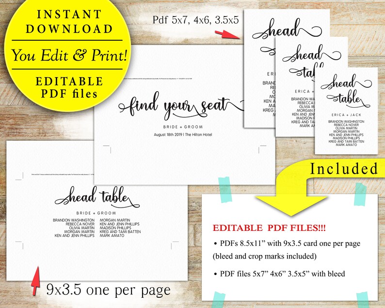 Printable Wedding Seating Chart Template 5x7 4x6 and 3.5x5 | Etsy