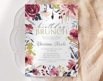 Birthday Brunch Invitation for Woman, 40th Birthday Invitation, Floral Watercolor 5x7 invite, Trendy Chic, Classy Elegant Female Invitation