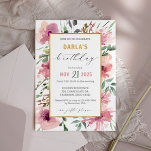 Faire-part d'anniversaire floral, invitation d'anniversaire pour femme, anniversaire important, garden-party, élégant or rose blush, imprimable, modifiable, NUMÉRIQUE