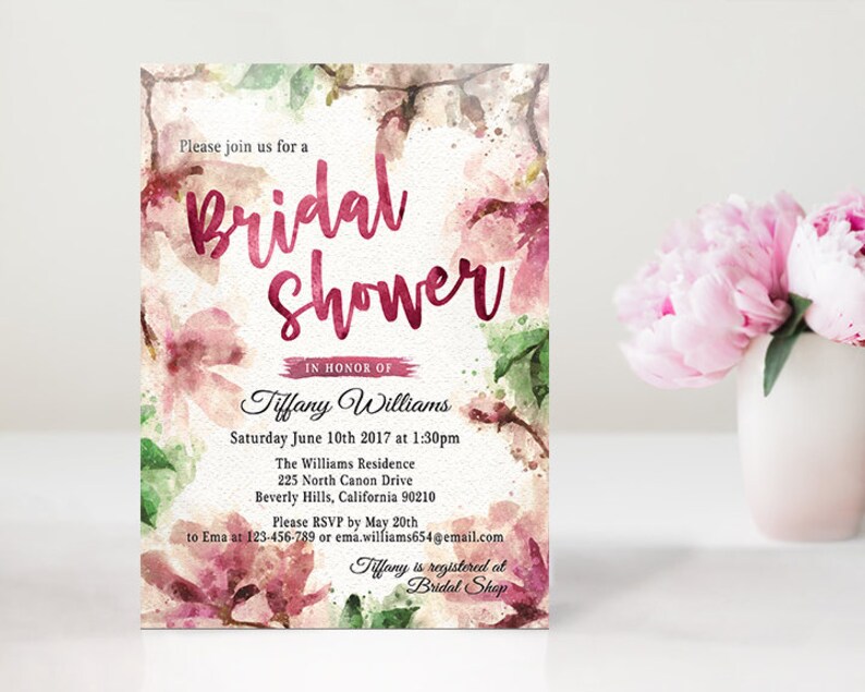 Trendy Bridal Invite Printable Magnolias Bridal Shower invitation Watercolour Floral Bridal Invitation Elegant Bridal Invitation Flowers