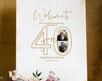40th Wedding Anniversary sign in board, Any Years Celebration Welcome sign then and now photos, Guest book alternative, Gold Milestone decor