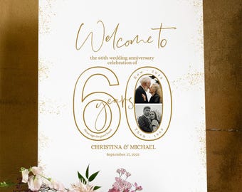 Wedding Anniversary Welcome Sign, 60 Years of Marriage Celebration sign in board, Photos then and now, Gold Milestone Guest book alternative