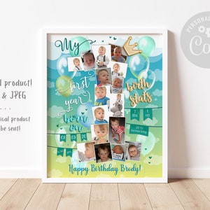 Mi cartel de fotos de primer año, 1er cumpleaños photo collage sign, baby boy milestone photo poster, baby blue keepsake photo board - ARCHIVO DIGITAL
