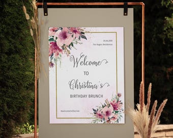 Welcome sign Birthday brunch, Welcome party sign for women, GOLD Pink Burgundy Watercolor Flowers, Editable template, 24x36, 18x24, 20x30