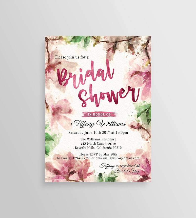 Trendy Bridal Invite Printable Magnolias Bridal Shower invitation Watercolour Floral Bridal Invitation Elegant Bridal Invitation Flowers