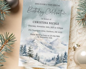 Evergreen Trees Birthday Invitation, Winter Invite, Green Forest, Snow, Pine Tree, Watercolor, Editable Template, Digital file