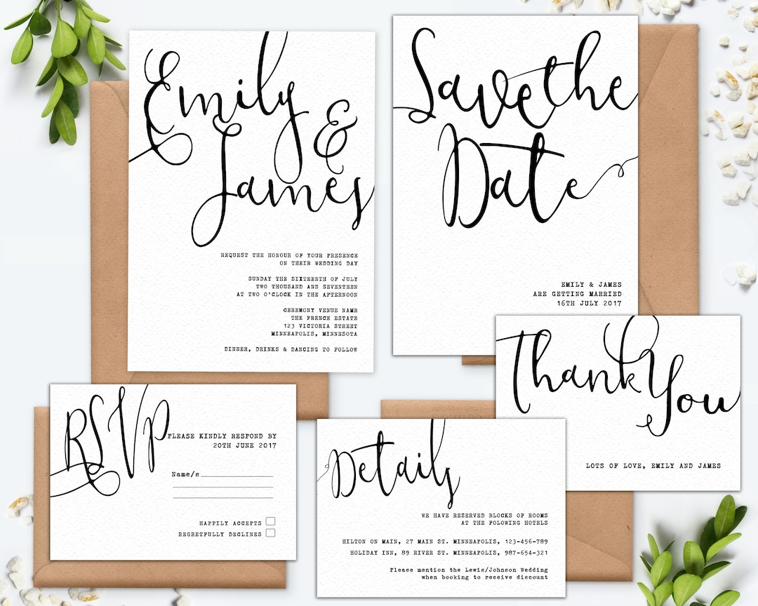 Digital Wedding Invitation Set Black and White Calligraphy - Etsy