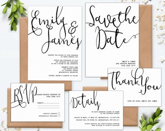 Digital Wedding Invitation Set Black and White calligraphy Modern Minimalist Simple Wedding invitation Printable contemporary wedding invite