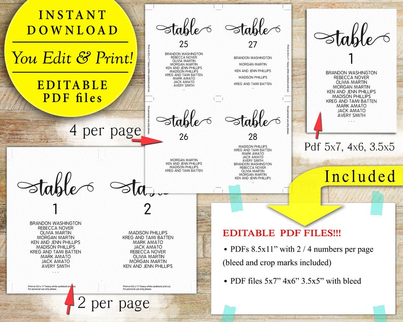 Printable Wedding Seating Chart Template 5x7 4x6 and 3.5x5 - Etsy