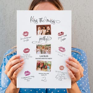 Kiss the Miss Goodbye Zeichen, Braut als Geschenk, Bachelorette Andenken Poster mit Fotos, Hens Night Game, Hen do Ideen, editierbar, druckbar