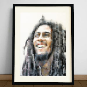 Pixel Marley. Ritratto fatto a mano e firmato di Bob Marley. A-criticArt. Matita e China su Carta