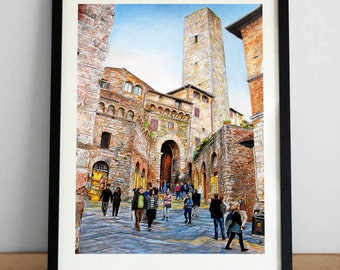 San Gimignano. Coloured Pencil and Ink on Paper. Italian Landscape. Original Signed Art. A-criticArt. Tuscany. Cityscape