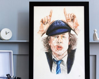 Angus Young Original Portrait. AC-DC. Hand-signed. Original Art. A-criticArt