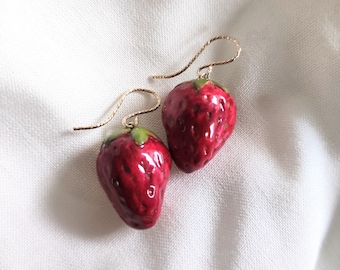 Handmade Strawberry Clay Earrings, Cottagecore Ceramic Jewellery, Cute Fruit Earrings, Clay Food Jewelry, Strawberry Jewellery, Cute Jewelry