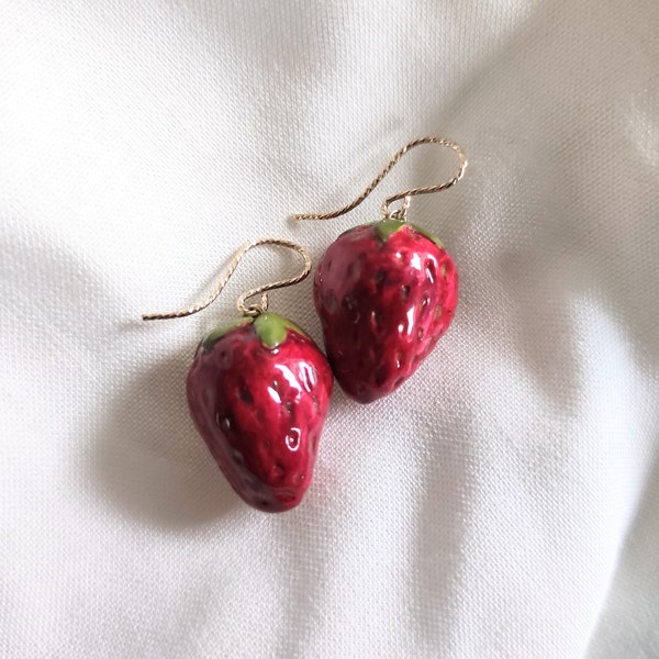 Handmade Strawberry Clay Earrings, Cottagecore Ceramic Jewellery, Cute Fruit Earrings, Clay Food Jewelry, Strawberry Jewellery, Cute Jewelry