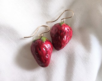 Ceramic Strawberry Earrings, Cute Ceramic Cottagecore Earrings, Fruit Earrings, Food Jewelry, Strawberry Earrings, Handmade Clay Earrings