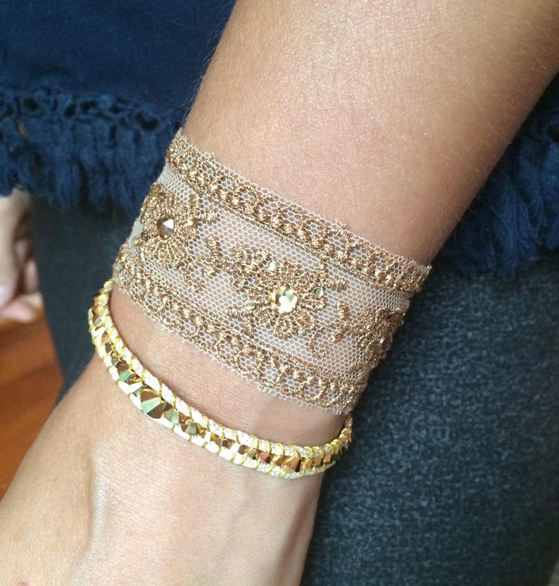 Leather and lace bracelet Antique Gold lace bracelet with Etsy