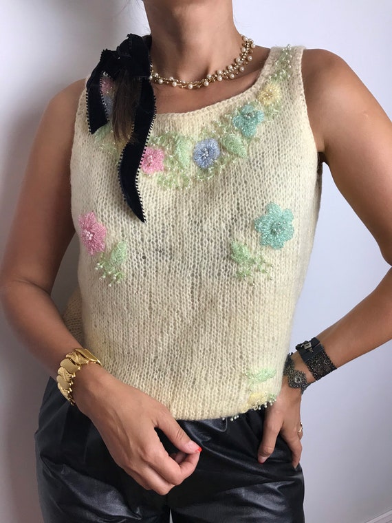 トップス glass beads handknit vest Vintage Sweater With Glass Beads Embroidery - Etsy