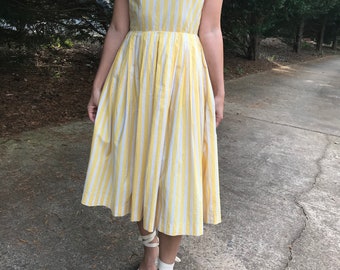 Vintage Cotton Yellow Stripes Midi Dress