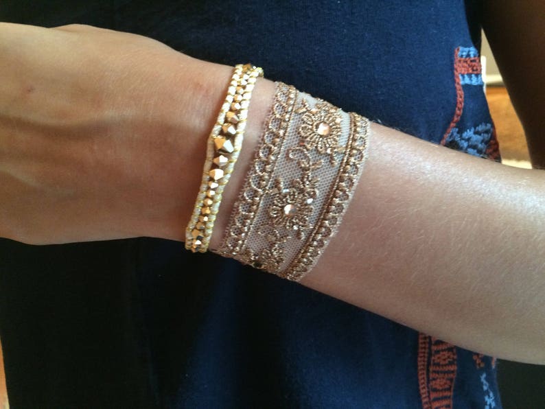 Leather and lace bracelet Antique Gold lace bracelet with Etsy