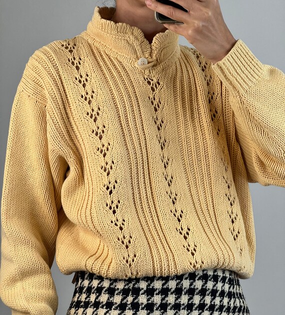 Vintage Cable Knit Collared Pearl Button Sweater Blue… Gem