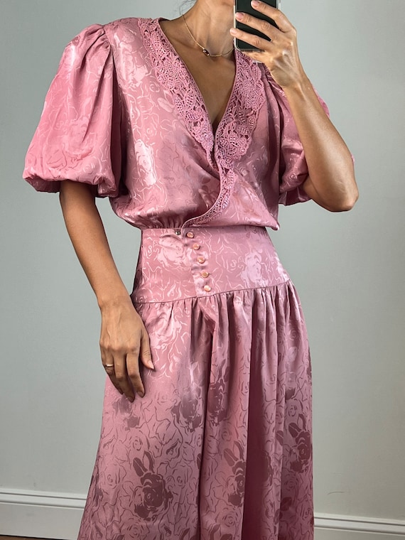 Vintage Blush Jacquard Rose Dress - image 1