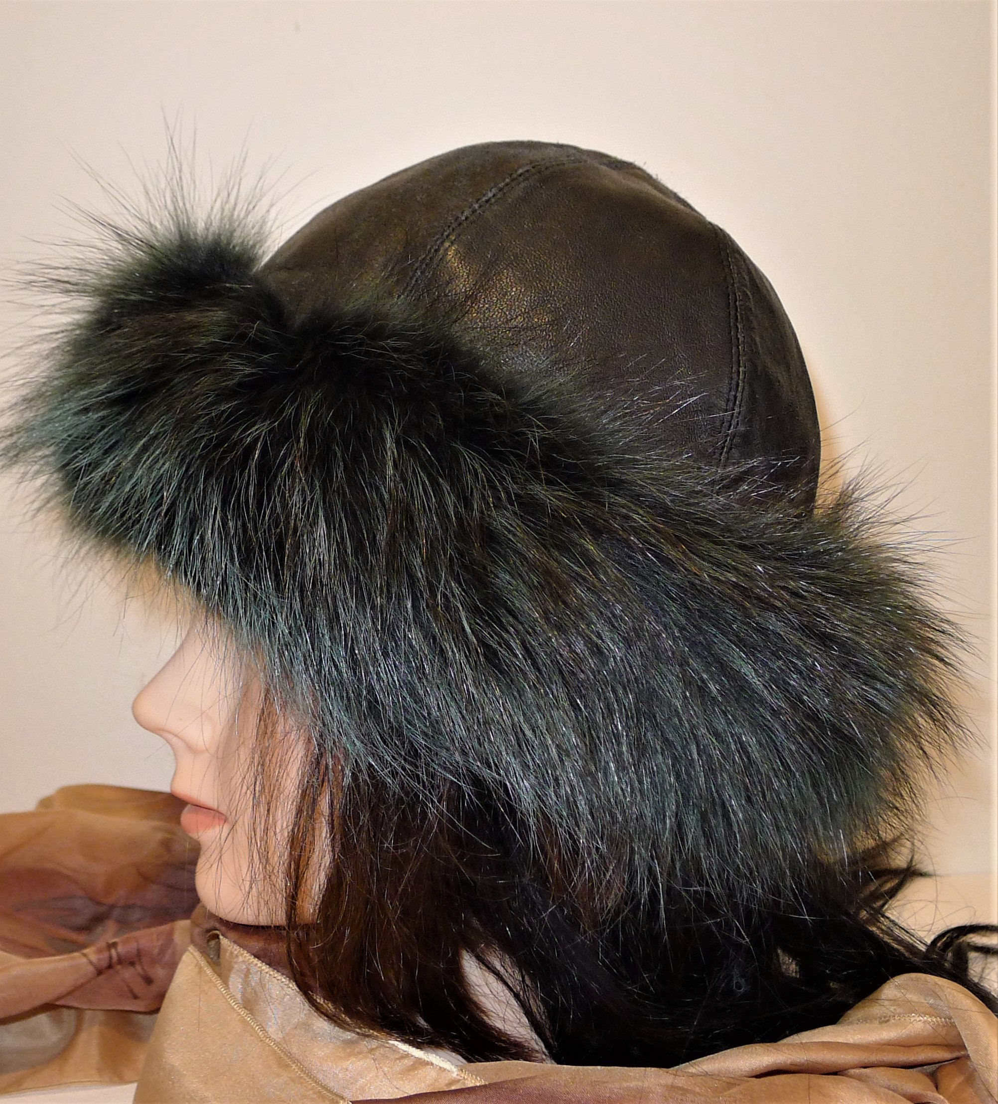 Emerald green/black genuine fox fur genuine lambskin leather trooper trapper hat Leather Trapper Hat- 100% Real Fur Accessories - Haute Acorn main image 3